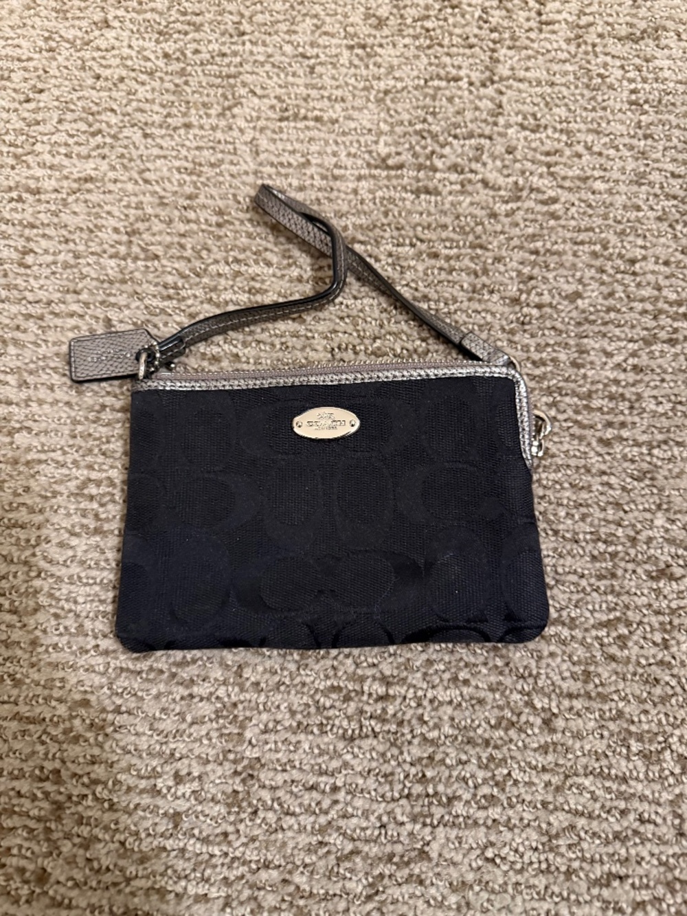 Coach Signature Corner Zip Wristlet in Black Jacquard with Metallic Trim